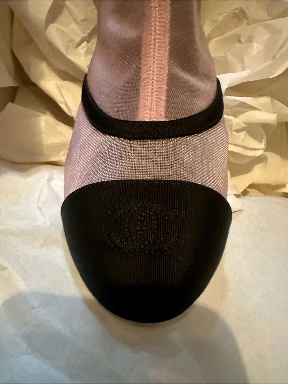 CHANEL Pink and Black Mesh Ankle Boots with Grosgrain Trim